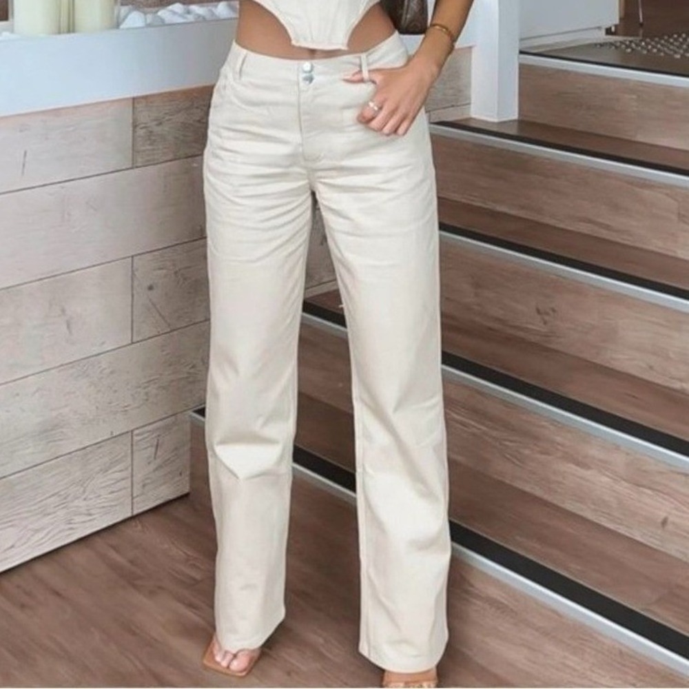 WHITE FOX Power Play Wide Leg Mid Rise Pants Tan / Oatmeal Medium